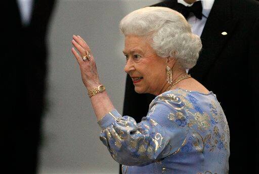 Britain's Queen Elizabeth II arrives at a hotel for a pre-royal wedding dinner hosted by Lady Elizabeth Anson and attended by members of the British royal family and foreign royal families in London.