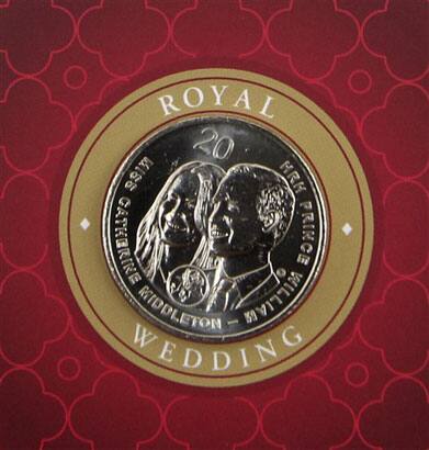 Australian mint commemorative HRH Prince William and Kate Middleton 20 cent coin is on display in the CBD of Sydney.