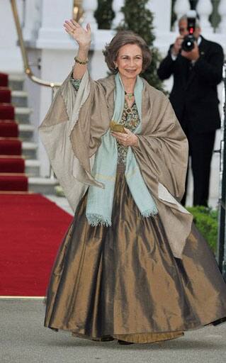 Queen Sofia of Spain attends a gala pre-wedding dinner held at the Mandarin Oriental Hyde Park in London,