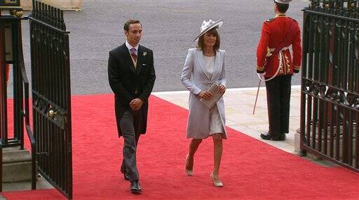 Carole Middleton, Kate Middleton's mother, right, and James Middleton, Kate Middleton's brother, arrive at Westminster Abbey for the Royal Wedding in London.