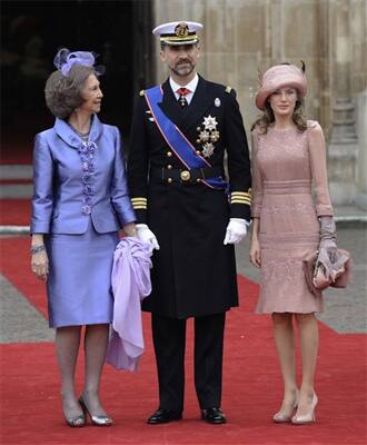 Spain's Prince Felipe is flanked by Princess Letizia and Spain's Queen Sofia, left, outside of Westminster Abbey at the Royal Wedding for Britain's Prince William and Kate Middleton in London.