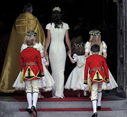 Maid of honour Pippa Middleton arrives with page boys and ring bearers at Westminster Abbey at the Royal Wedding for Britain's Prince William and Kate Middleton.