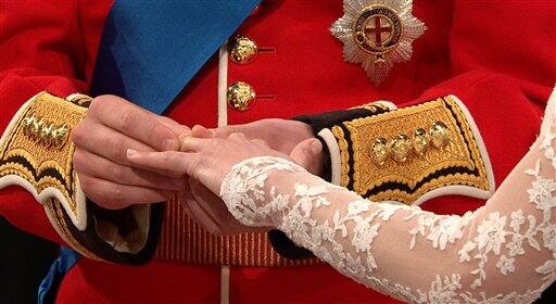 Britain's Prince William, left, places the ring on the finger of his bride, Kate Middleton, as they stand at the altar at Westminster Abbey.