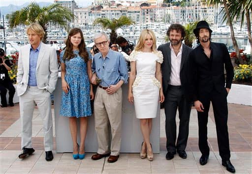 Actors Owen Wilson, Lea Seydoux, director Woody Allen, actors Rachel McAdams, Michael Sheen and Adrien Brody pose during a photo call for Midnight in Paris, at the 64th international film festival, in Cannes.