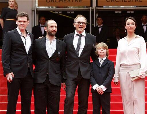 Director Markus Schleinzer, center, arrives with actors, from left, Viktor Tremmel, Michael Fuith, David Rauchenberger and Ursula Strauss for the screening of Michael, at the 64th international film festival, in Cannes.