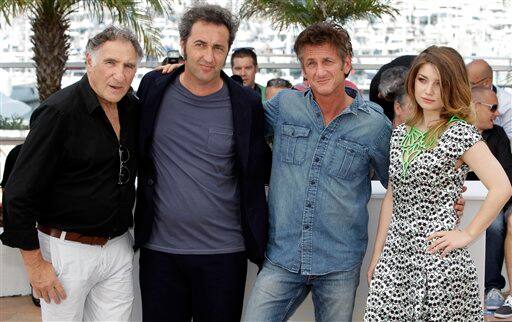 Director Paolo Sorrentino, second from left, poses with actors, from left, Judd Hirsch, Sean Penn and Eve Hewson during a photo call for This Must Be The Place, at the 64th international film festival, in Cannes.