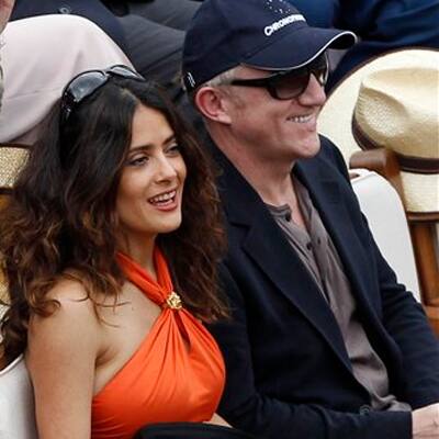 Salma Hayek watches Rafael Nadal of Spain and Andy Murray of Britain in the semi final match of the French Open tennis tournament.