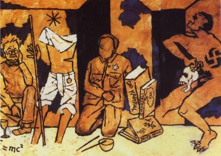 MF Husain’s controversial painting depicting decapitated Gandhi and nude Hitler. 