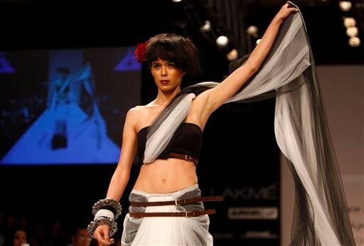 An Indian model displays a creation by designer Nikhil Thampi during Lakme Fashion Week in Mumbai.