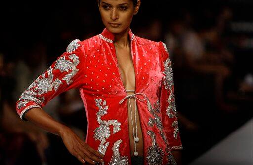 An Indian model displays designer Parvesh Jai creations during the Lakme Fashion Week in Mumbai.