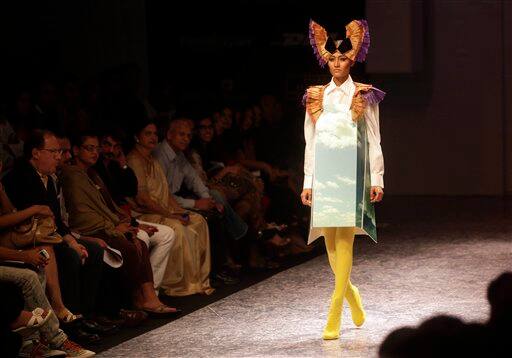 An Indian model displays designer Little Shilpa creations during the Lakme Fashion Week in Mumbai.