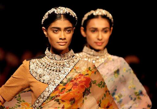 Indian models display creations by designer Sabyasachi during the Lakme Fashion Week in Mumbai.