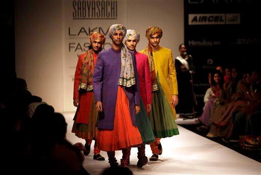 Indian models display creations by designer Sabyasachi during the Lakme Fashion Week in Mumbai.