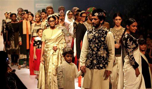 Indian models display creations by designer Sabyasachi during the Lakme Fashion Week in Mumbai.