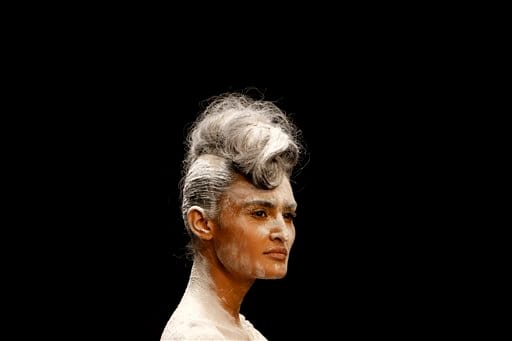 An Indian model displays creations by designer Rehane during the Lakme Fashion Week.