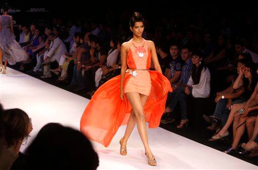 An Indian model displays creations by designer Drashta during the Lakme Fashion Week.