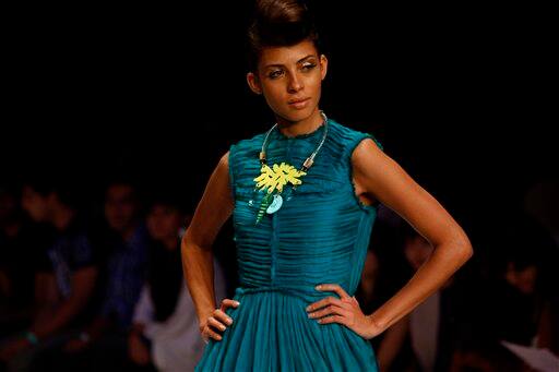 An Indian model displays a creation by designer Drashta during the Lakme Fashion Week in Mumbai.