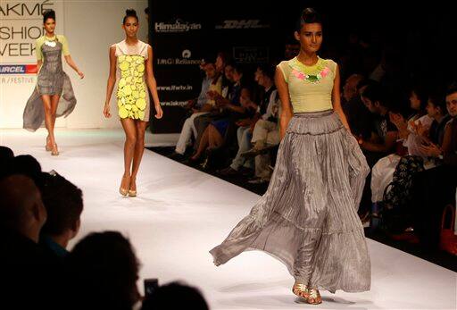 Indian models display creations by designer Drashta during the Lakme Fashion Week in Mumbai.