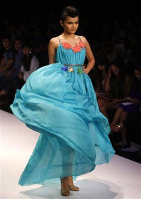 An Indian model displays creations by designer Drashta during the Lakme Fashion Week.