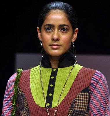 An Indian model displays a creation by designer Sabah Khan on the fifth day of Lakme Fashion Week.