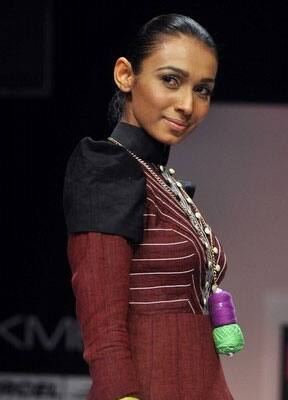 An Indian model displays a creation by designer Sabah Khan on the fifth day of Lakme Fashion Week.