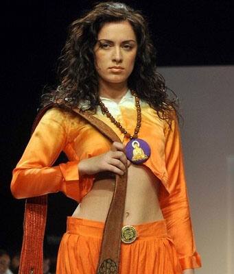 An Indian model displays a creation by designer Shagufta Quamar on the fifth day of Lakme Fashion Week.