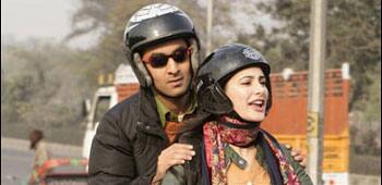 Ranbir, Nargis in a bike ride sequence for their film 'Rockstar'.