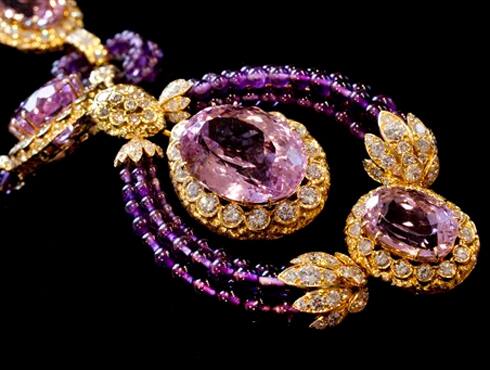 Part of a Suite of Kunzite, amethyst and diamond “Triphanes” jewelry by Van Cleef & Arpels, from Elizabeth Taylor's estate, is shown in this photograph at Christie's, in New York. It is estimated at $70,000 – $100,000. Christie’s auction house is selling her complete jewelry collection in New York o