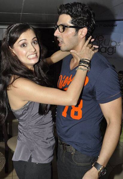 Dia Mirza strikes a comic pose with her best friend and co-star Zayed Khan at a CCD outlet in Mumbai. 