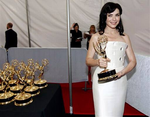 Julianna Margulies is seen backstage after winning the award for outstanding lead actress in a drama series at the 63rd Primetime Emmy Awards.