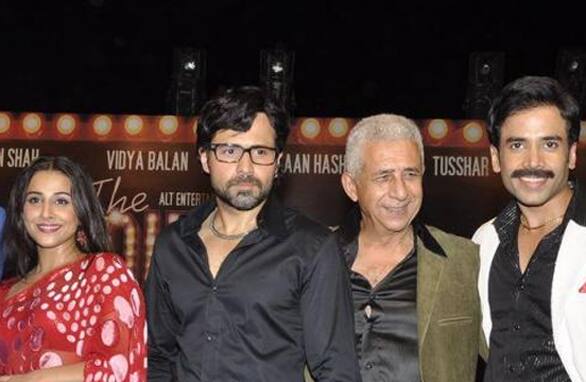 The cast of 'The Dirty Picture' pose for the shutterbugs at the music launch event of the film. 