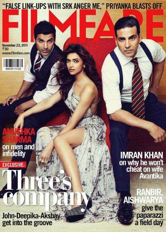 Deepika Padukone, John Abraham and Akshay Kumar on the cover of Filmfare Magazine, November 2011.