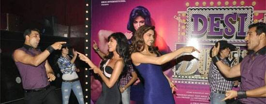 Akshay, John, Chitrangada, Deepika perform at the 'Desi Boyz' music launch.