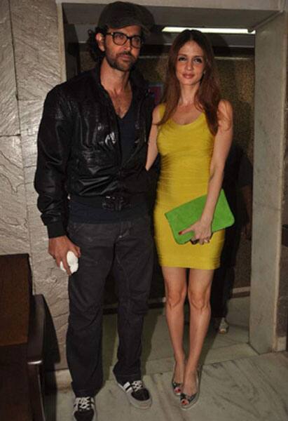 Hrithik Roshan spotted with wife Suzanne at Arjun Rampal's birthday bash.