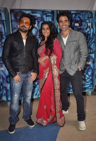 Vidya Balan Tusshar Kapoor and Emraan Hashmi promote `The Dirty Picture` in the house of `Bigg Boss`.