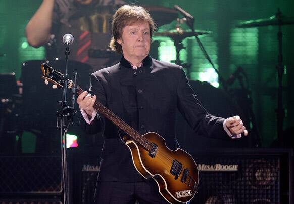 British legendary musician Paul McCartney performs during a concert in Zurich, Switzerland.