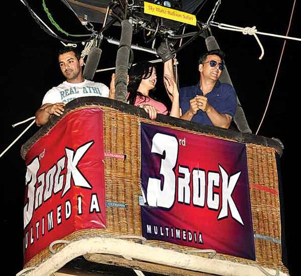 John Abraham, Zarine Khan and Akshay Kumar promote their upcoming film 'Hosuefull 2' in a hot air balloon in Mumbai.