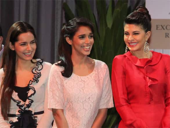 Shazahn Padamsee,Asin and Jacqueline Fernandez at the premiere of 'Housefull 2' in Singapore.