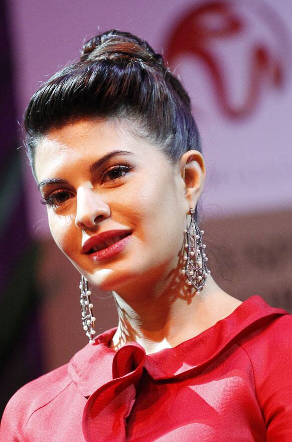 Bollywood actress Jacqueline Fernandez looks on during a press conference for Bollywood's new film Housefull 2 which makes its world premiere in Singapore.