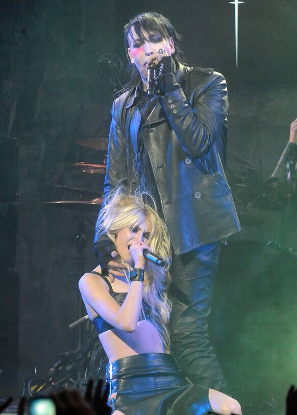 Marilyn Manson, Standing, and Talor Momson perform live at the 4th annual Revolver Golden Gods Award Show, at Club Nokia in Los Angeles.