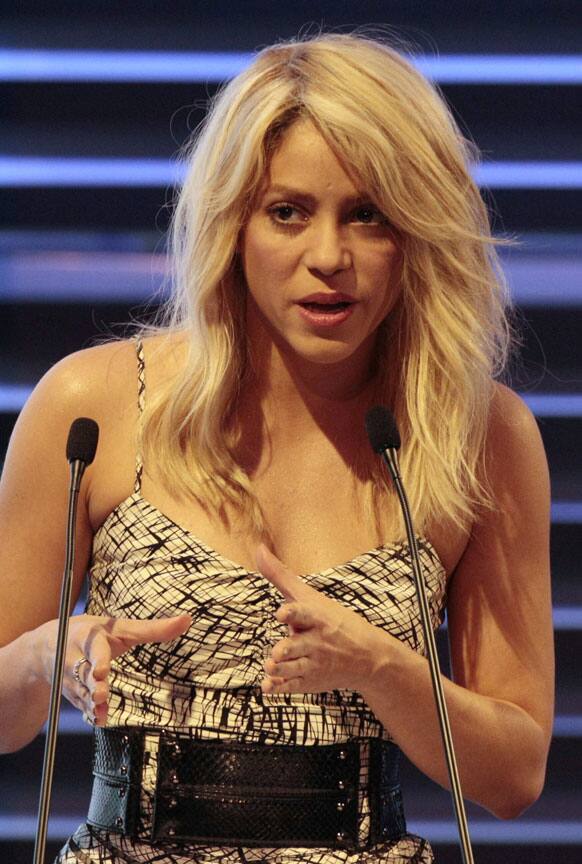 Colombian pop star Shakira addresses the CEO Summit of the Americas in Cartagena, Colombia.