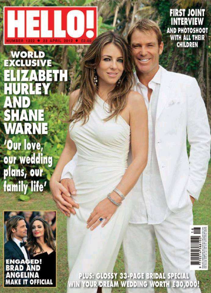 Shane Warne with ladylove Elizabeth Hurley on the cover of Hello Magazine, April issue.