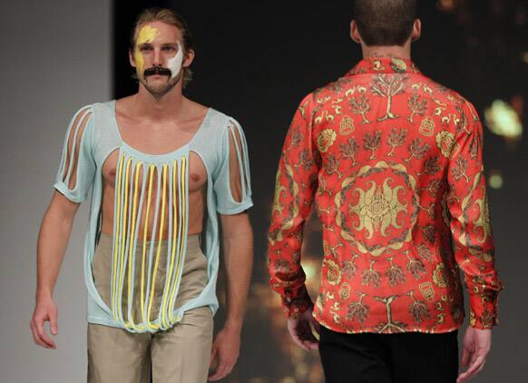 Models wear creations by Peru's Edward Venero during the second edition of the Lima Fashion Week.