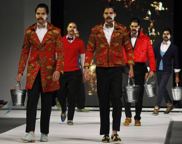 Models wear creations by Peru's Edward Venero during the second edition of the Lima Fashion Week.