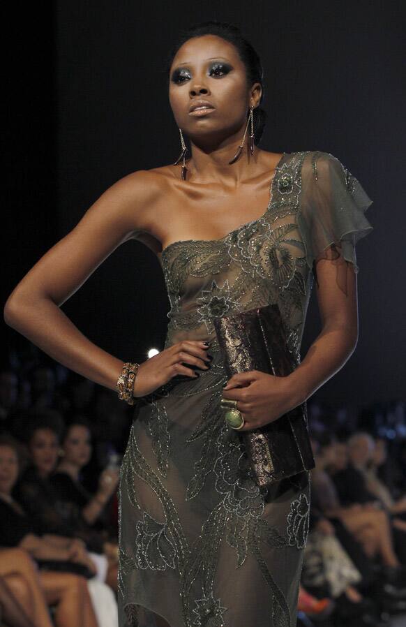 A model wears a creation by Peru's Gerardo Privat during the second edition of the Lima Fashion Week.