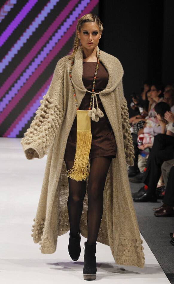 A model wears a creation by Argentina's Laura Novik during the second edition of Lima Fashion Week in Lima.