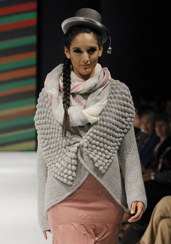 A model wears a creation by Argentina's Laura Novik during the second edition of Lima Fashion Week in Lima.