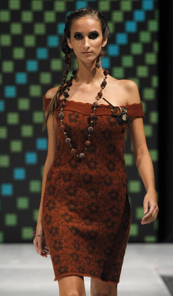 A model wears a creation by Peru's Yanira Cardenas during the second edition of Lima Fashion Week in Lima.