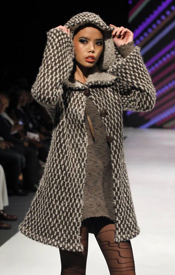 A model wears a creation by Peru's Varignia Garcia during the second edition of Lima Fashion Week in Lima.