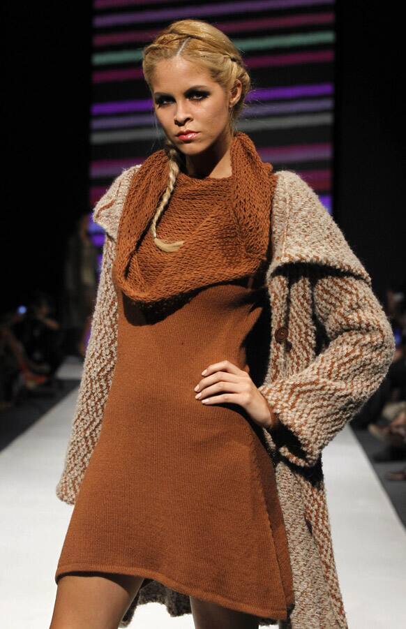 A model wears a creation by Peru's Varignia Garcia during the second edition of Lima Fashion Week in Lima.